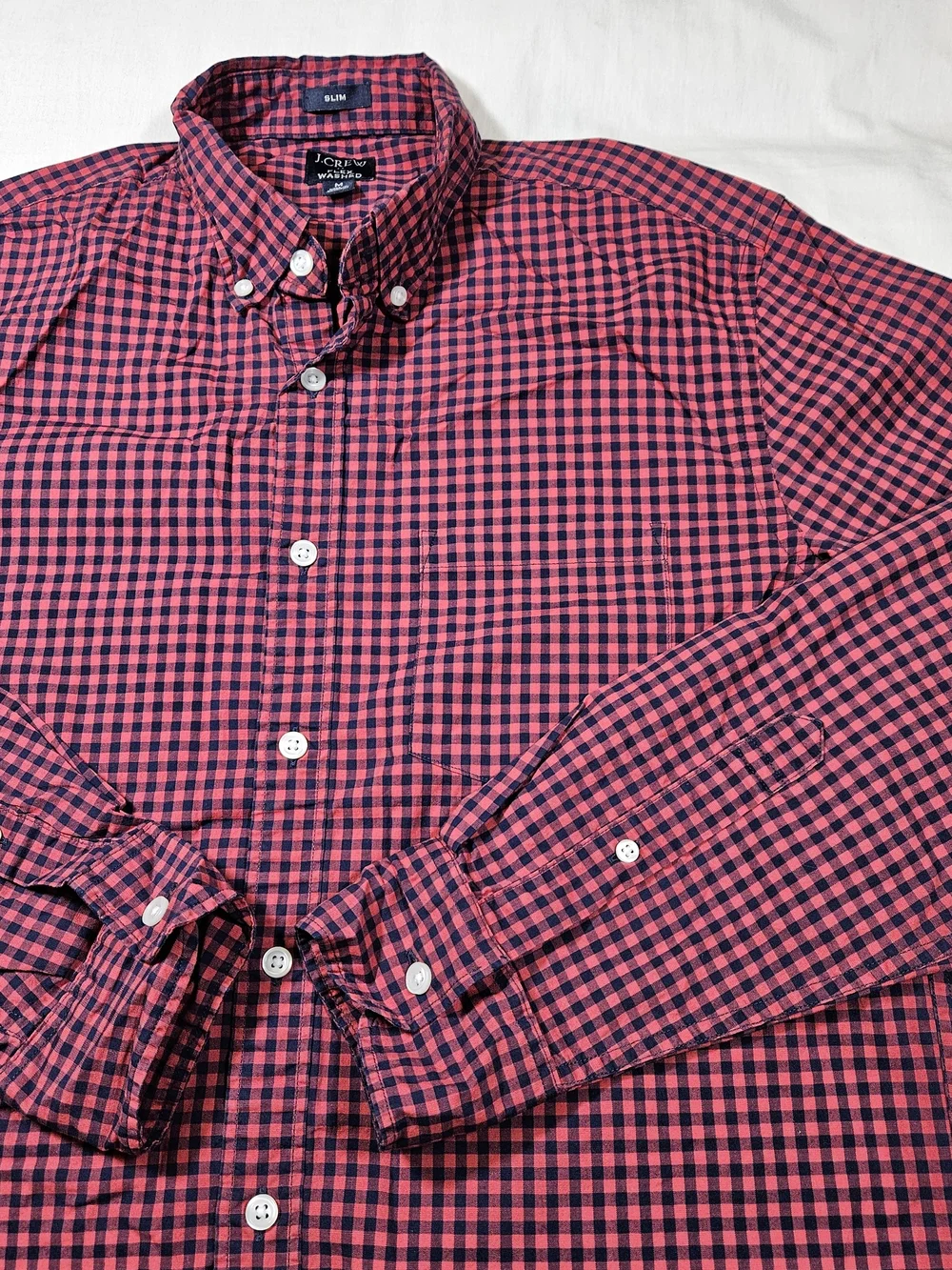 J.Crew Men's Medium Flex Washed Slim Fit Gingham Button Down Shirt Red Navy